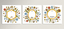 Floral Cards Set For Your Text Design. Honey Bee Backgrounds, Cute Greeteng Invitations Template. Vector Illustration