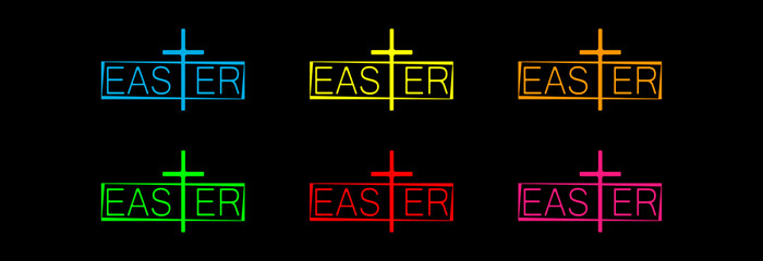 Wall Mural - Easter inscription and cross, logo for the holiday in different colors on a dark background. 