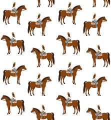 Wall Mural - Vector seamless pattern of flat cowboy woman girl riding western horse isolated on white background