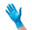 Hand wearing nitrile gloves on white background
