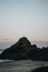 Poster - Vertical shot of a person standing on the top of a hill near the water on the clear sky background