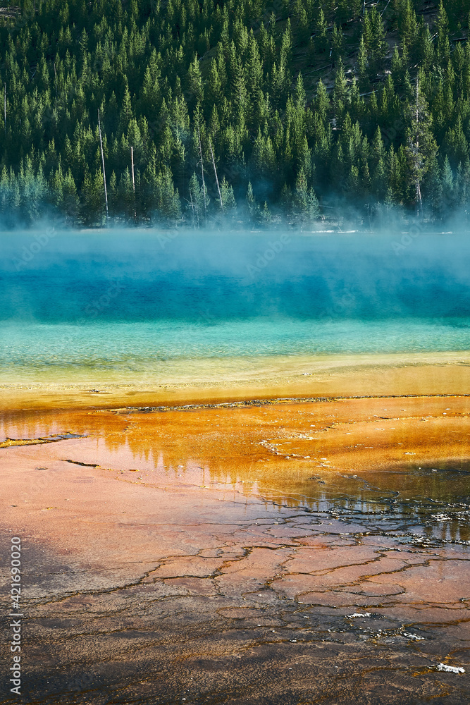Vertical shot of the Grand Prismatic Spring, Yellowstone National Park, Wyoming USA - obrazy, fototapety, plakaty 