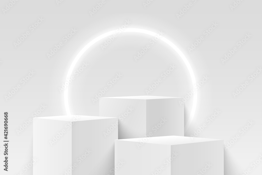 Abstract vector rendering 3d shape for products display presentation. Modern white and grey cube pedestal podium with empty room and circular neon background. Minimal wall scene. - obrazy, fototapety, plakaty 