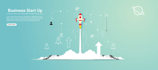 Rocket launched on cloud and blue sky filled with stars, universe with paper art, craft model. Business startup project concept, vector illustration on black background