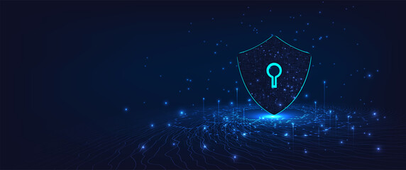 Wall Mural - Cyber security.Shield symbol on dark blue background.Illustrates cyber data security.Vector illustration 3D protection. 