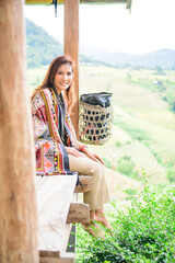 Poster - Asian Woman in Thai Native Pavilion with Rice Field Background at Pa Bong Piang Rice Terraces