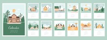 Calendar 2022 Design Concept With Cozy Houses And Landscapes. Picturesque Scenery, Garden, Courtyard Bundle. Set Of 12 Months Vector Illustrations. Flat Beautiful Nature, Autumn Forest, Fountains