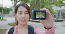 Hong Kong 22 September 2020: Gopro camera, woman take vlog