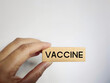 © Frederica Aban - Social Issue Concept - VACCINE text on wooden block background. Stock photo.