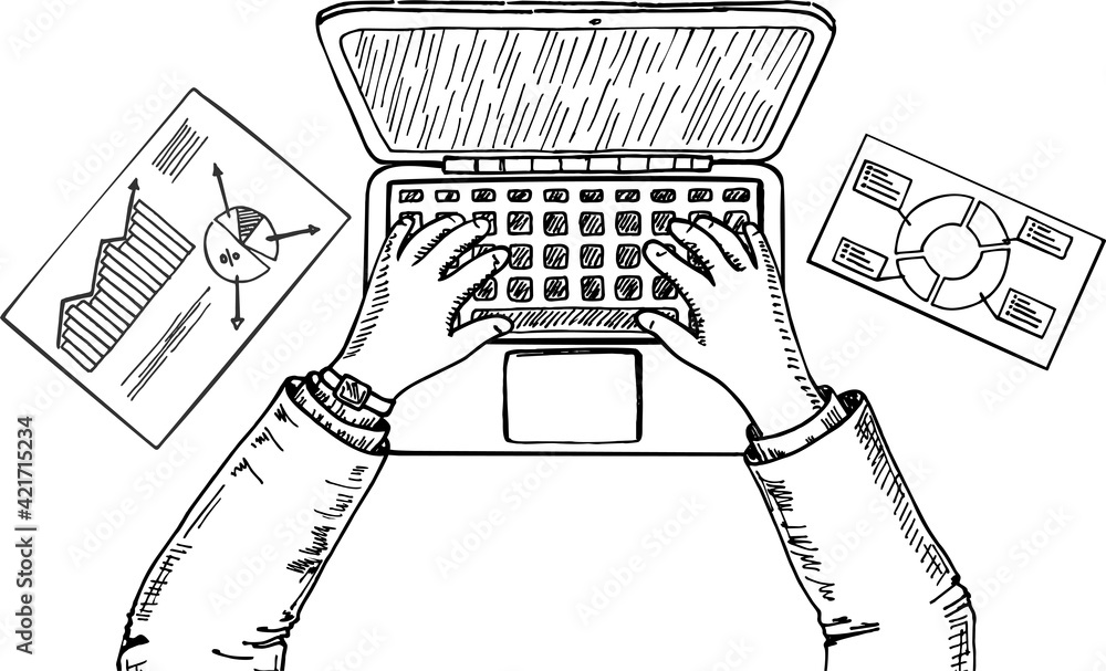 Laptop and hands on the keyboard. Human hands using computer isolated ...