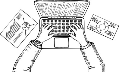 Laptop and hands on the keyboard. Human hands using computer isolated on white background. Sketch of man with computer. Hand drawn illustration. Top view