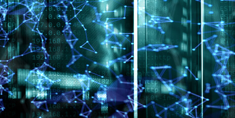 Wall Mural - Global Cyberspace Big Data Futuristic Design Grid on Server Room Blurred background.