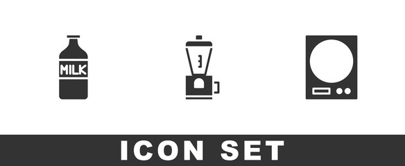 Sticker - Set Bottle with milk, Electric coffee grinder and Electronic scales icon. Vector