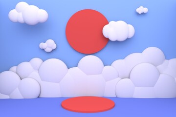 Wall Mural - Red sun on blue sky and ocean with cartoon cute clouds happy sunny vacation time for stage layout showcase.3d illustration and rendering.