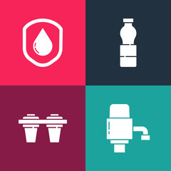 Sticker - Set pop art Mechanical pump for water, Water filter, Bottle of and Waterproof icon. Vector