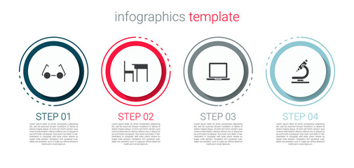 Sticker - Set Glasses, School table and chair, Laptop and Microscope. Business infographic template. Vector