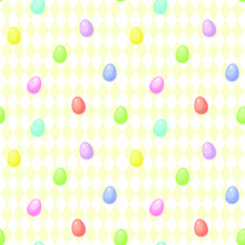 Colorful Easter Eggs In Pastel Rainbow Colors With A Pale Yellow Diamond Pattern Background. Seamless Repeating Background. Vector Illustration.
