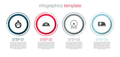 Poster - Set Collar with name tag, Pet food bowl, Hamster wheel and Veterinary ambulance. Business infographic template. Vector