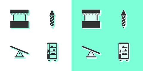 Sticker - Set Vending machine, Ticket box office, Seesaw and Firework rocket icon. Vector