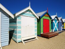 Beach Huts Against Blue Sky. Brighton Beach Bathing Boxes, Victoria.