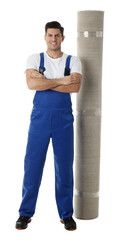 Wall Mural - Male worker with rolled carpet on white background