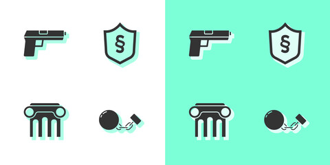 Canvas Print - Set Ball on chain, Pistol or gun, Law pillar and Justice law shield icon. Vector