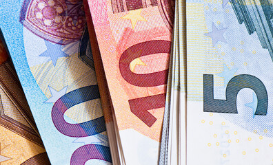 Money. 50, 20, 10, 5 euro banknotes, close up