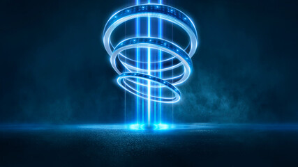 Wall Mural - dark abstract neon blue futuristic background with light rings, spotlights, neon rays and lines. nig