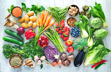 Healthy Food Selection With Fruits, Vegetables, Seeds, Superfood And Cereals