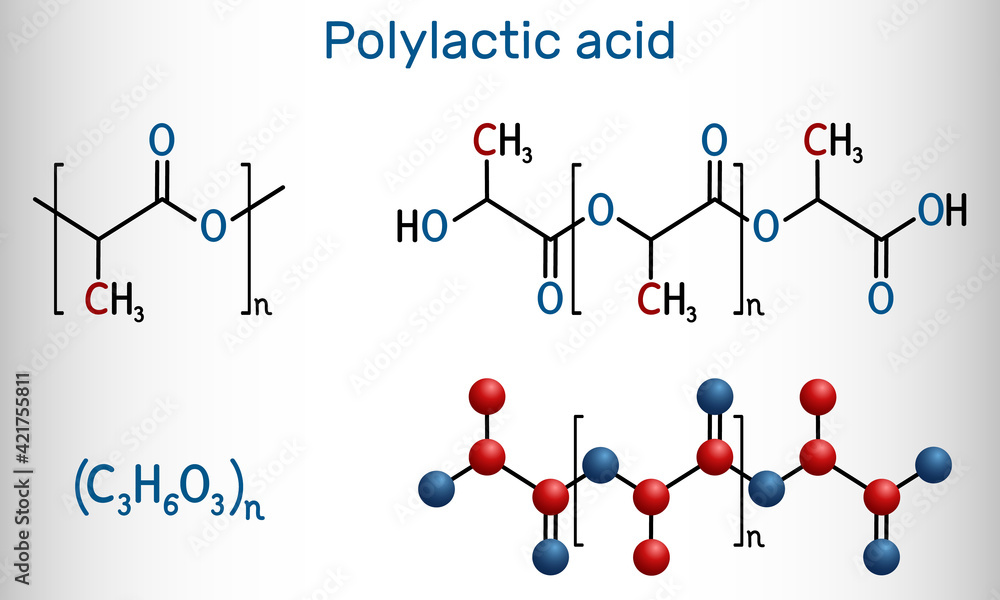 Polylactic acid, polylactide, PLA molecule. It is polymer, bioplastic, thermoplastic polyester. Structural chemical formula and molecule model - obrazy, fototapety, plakaty 
