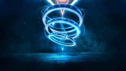 Wall Mural - dark abstract neon blue futuristic background with light rings, spotlights, neon rays and lines. nig