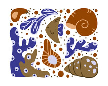 Ocean Rectangular Illustration For Poster, Print, Banner, Card. Hand Drawn Sea Elements Set. Cartoon Seaweed, Coral, Fish, Shell. Flat Vector On White Background. Blue, Brown Color