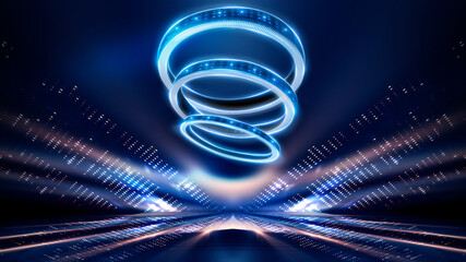 Wall Mural - dark abstract neon blue futuristic background with light rings, spotlights, neon rays and lines. nig