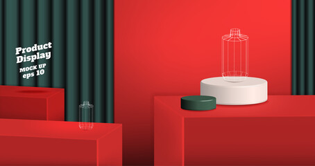 Aufkleber - Vector 3d product display background, red color block studio kiosk with dark green curtain.banner with copy space for display of product for advertise
