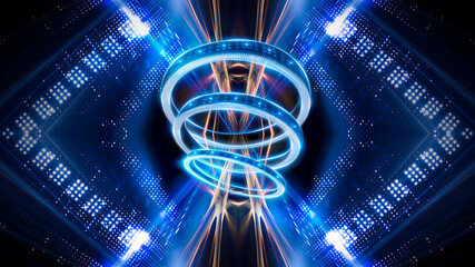 Wall Mural - dark abstract neon blue futuristic background with light rings, spotlights, neon rays and lines. nig