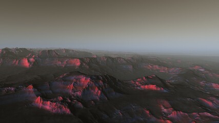 Exoplanet fantastic landscape. Beautiful views of the mountains and sky with unexplored planets. 3D illustration