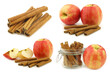 dried cinnamon sticks and fresh apples on a white background