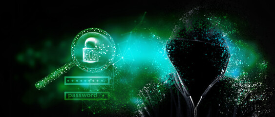 Cybersecurity, computer hacker with hoodie
