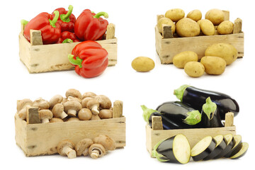 Wall Mural - Freshly harvested cooking vegetables in wooden crate on a white background