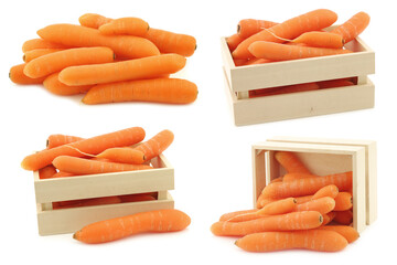 Wall Mural - fresh carrots in and around a wooden box on a white background