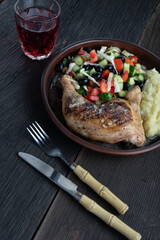 Wall Mural - wine with a traditional American lunch with grilled chicken, mashed potatoes and salad