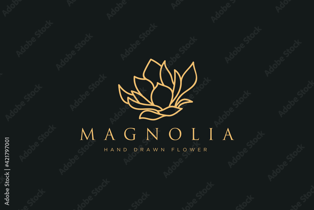 Hand drawn vector magnolia flowers logo illustration. Floral wreath. Botanical floral emblem with typography on white background - obrazy, fototapety, plakaty 