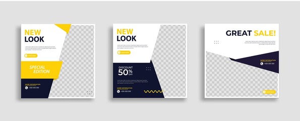 Wall Mural - set of editable minimal square banner template. blue yellow white background color with geometric sh