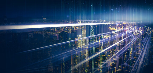 Internet speed Data communication connection network frame Modern industrial skyline city structure, city internet of things concepts wireless technology information system, abstract blue background