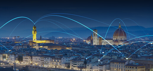 Internet speed Data communication connection network frame, traditional village city structure, city internet of things concepts wireless technology information system, abstract blue background