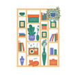 © Светлана Вдовина - A shelf with books, flowers, vases, a radio, a cat. Interior of the living room. Vector illustration