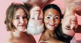 Fototapeta Krajobraz - Group of multiethnic women with different kind of skin posing together in studio. Concept about body positivity and self acceptance