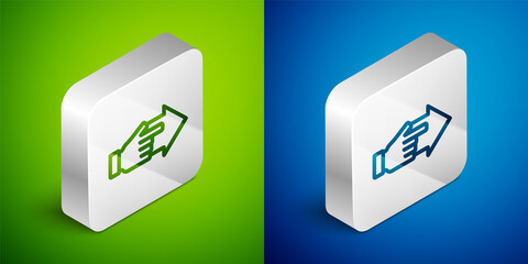 Sticker - Isometric line Hand with pointing finger with arrow icon isolated on green and blue background. Business vision and target. Concept business finance, character, leader. Silver square button. Vector