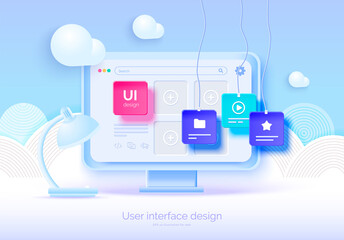Wall Mural - mockup 3d monitor with user interface elements for web design software creator. user interface, user