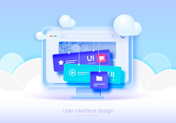 Wall Mural - mockup 3d monitor with user interface elements for web design software creator. user interface, user
